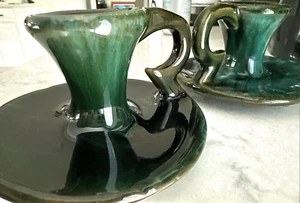 Two Evangeline Pottery Candlestick Holders Teal & Brown Drip Glaze Signed OOAK - Picture 1 of 6