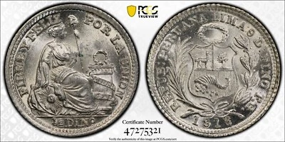 1916 FG Peru 1/2 Dinero PCGS MS67 Doubled 1/2 Silver Coin Pop 1 - Image 1 of 4
