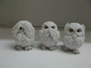 PDX-31 3 SEE HEAR SPEAK NO EVIL OWL WHITE STATUE FIGURINE DECORATION SNOW - Picture 1 of 4