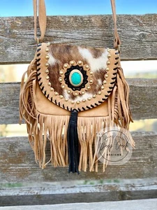 Southwestern Fringe Crossbody Tan Cowhide Leather / Adjustable Strap - Picture 1 of 1