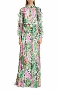 NEW BADGLEY MISCHKA Floral Leaf Print Bow Belted Ruffle Slit Long Sleeve Gown 4 - Picture 1 of 6