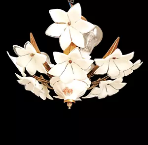 Vintage Chandelier Murano White Milk Glass Basket Ceiling Light Fixture Wedding - Picture 1 of 11