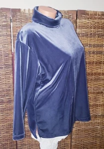 Vintage Y2K Blue Cindy Bai Petite Velvet Shiny Turtleneck Top Blouse Shirt Sz PL - Picture 1 of 5