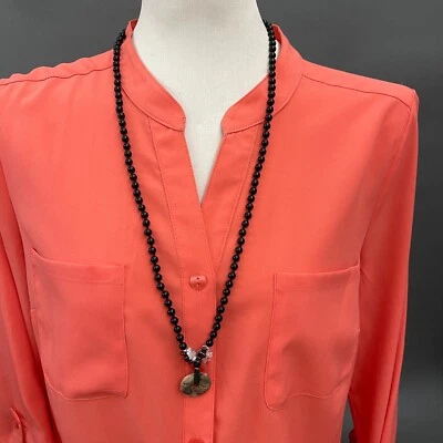 Black Beads Beaded Clear Stone Pendant Women's Fashion Necklace NWOT  - Image 1 of 3