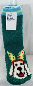 Cozy Socks Green with Yellow Lab dog in Christmas Hat- Soft -Stay safe and warm - Picture 1 of 4