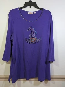 Quacker Factory 3/4 Sleeve Top Purple Witch Hat Sequins Womens 1X - Picture 1 of 5