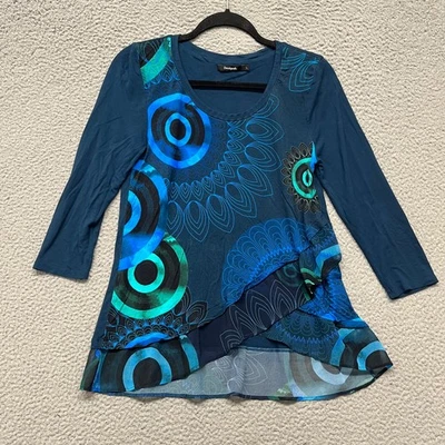 Top Desigual para mujer L azul volante geométrico línea A manga 3/4 arte para usar Foto 1 de 4