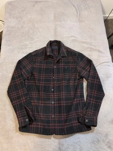 AllSaints Men's Wool Button Up Flannel Size Small Black Red Striped - Picture 1 of 7
