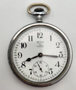Vintage ARNEX Swiss Railroad Pocket Watch 17 Jewels Amazing Locomotive Engraving - Picture 1 of 5