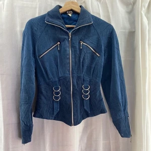 Vintage blau Denim Korsett Jacke Damen Moto tailliert Statement Reißverschluss Detail - Bild 1 von 6