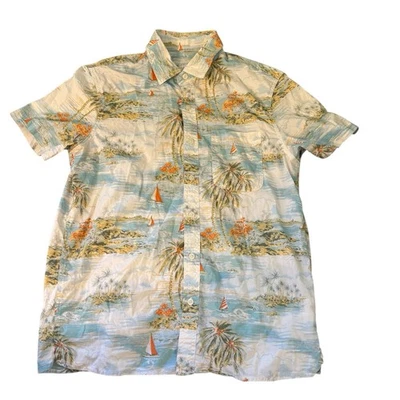 American Eagle Hombre Manga Corta Abotonable MEDIANO Hawaiano Tropical Velero Foto 1 de 4