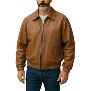 Men's Genuine Ostrich Jacket Full Zip Brown Custom Made Size 3XL - Picture 1 of 12