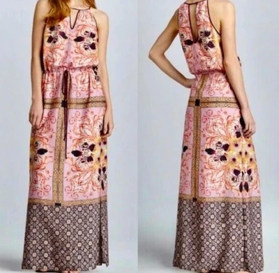 Maxi Vestido Clover Canyon Estampado Bufanda Floral Rosa Corbata Cintura Profundo Cuello en V Talla S Foto 1 de 4