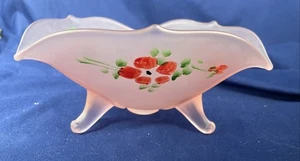 Rosa satiniertes Glas mit Vertiefung bemalt Blume Dreieck mit Fuß - Bild 1 von 11