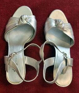 Fioni Night 7 1/2 W Silver Sandals Shoes w/ Kitten Heels, Adjustable Ankle Strap - Picture 1 of 6