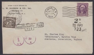 1934 cover Plainfield, NJ to Sherborne, UK 2d Due, Insufficiently Paid marking - Picture 1 of 1