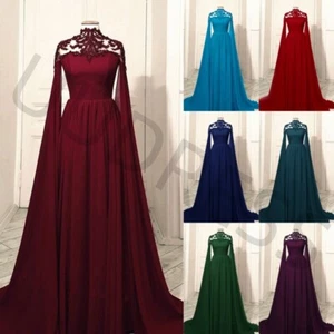 Chiffon Gothic Wedding Dresses With Cape Lace Appliques A Line Bridal Gowns - Picture 1 of 25