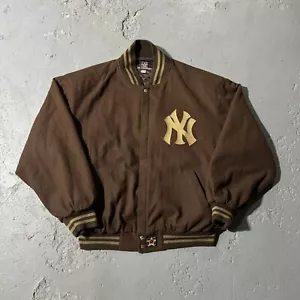 Vintage 90s Jeff Hamilton New York Yankees Wool Bomber Jacket Brown Size 4XL - Picture 1 of 11