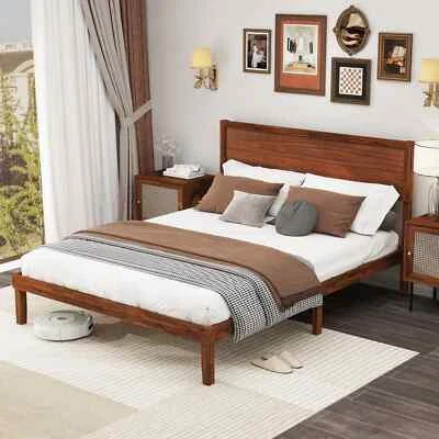 Mid-Century Acacia Wood Platform Bed w/Wooden Slats Support King Size-Walnut - Image 1 of 4