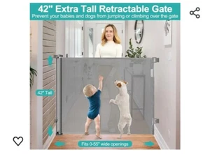 Reinforced 42" Gray Retractable Safety Gate For Pets And Kids 55" Wide - Picture 1 of 5