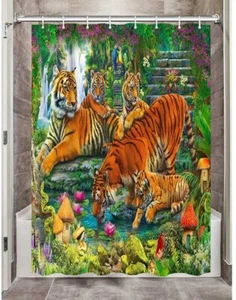 Forest Tiger Tropical Jungle Waterproof Bathroom Shower Curtain with 12 Hooks - Picture 1 of 6