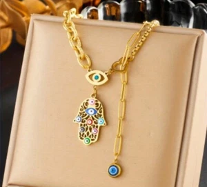 Hamsa Hand & Horus Eye Style Stainless Steel Hand Shape Pendent Necklace - Picture 1 of 5