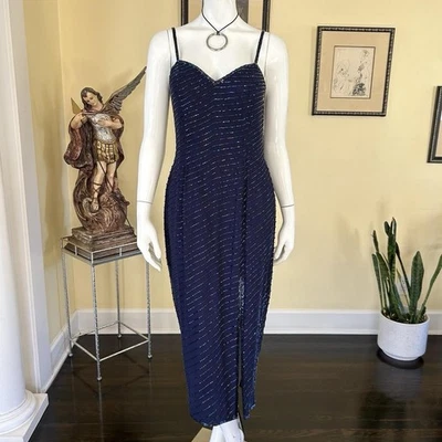 De colección. A.J. Vestido de noche BARI azul seda con cuentas Art Deco - talla 8 Foto 1 de 4