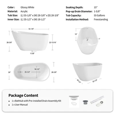 Bañera Acrílica Independiente 55" 63", Soporte Bañera de Remojo Profundo con Desbordamiento, Drenaje Foto 1 de 4