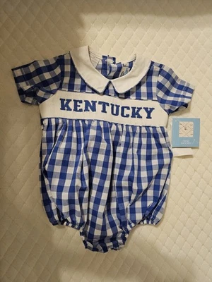 Kentucky Blue White Smocked Wildcats Baby Romper Checkered Vive La Fete NWT - Image 1 of 4
