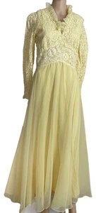 Vestido para mujer de la década de 1980 XS hecho a mano amarillo encaje salón romántico hada maxi (leer) - Imagen 1 de 12