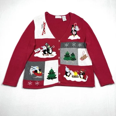 Suéter Vintage Navidad Mujer XL Cárdigan Retazos Pingüinos Invierno Nieve Años 90 Foto 1 de 4