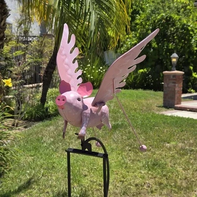 Adorno de jardín mecedor cerdo volador rosa - Decoración de estaca basculante equilibrado Foto 1 de 4