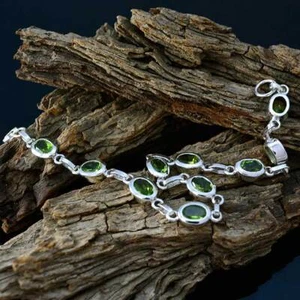 Natural Peridot Stone Silver Bracelet Girls Style Oval Shape L 6.5-8 inch - Picture 1 of 4