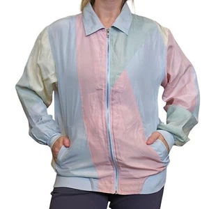90s Womens Medium Pastel Silk Track Jacket Windbreaker Patchwork Lined - Picture 1 of 13
