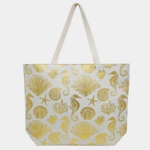 NEW White & Metallic Gold Marine Sea Life Ocean Beach Tote Travel Canvas Bag - Picture 1 of 3