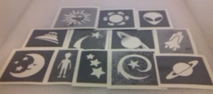 30 x Space stencils for temporary glitter & airbrush tattoos UFO stars planet - Picture 1 of 1