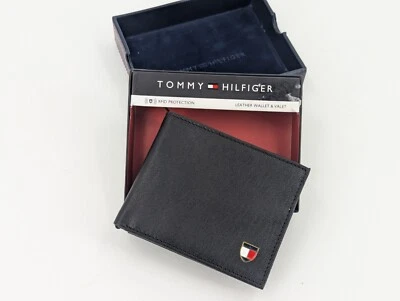 Tommy Hilfiger Cartera Doble Plegable Negra Bloqueo RFID Tarjetas de Crédito Identificación 100% Cuero Foto 1 de 4