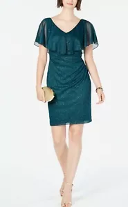 NWOT Connected Apparel Sheath Dress Metallic Glitter Hunter Green Ruffle Size 6 - Picture 1 of 12