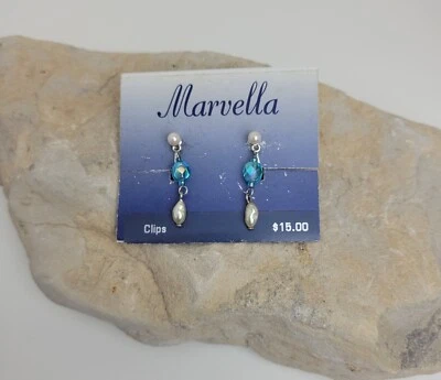 Vtg Marvella SilverTone Faux Pearl Blue Faceted Bead Clip Dangle Drop Earrings - Image 1 of 4