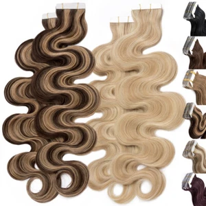 Body Wave Tape In Skin Weft Remy Human Hair Extensions THICK 150G 60PCS Balayage - Picture 1 of 42