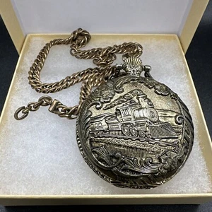 Collezio Quartz Pocket Watch Aged Gold Tone Train Design w/Chain, New Battery! - Picture 1 of 11
