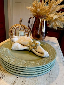 5 Vintage Varages Sage Green Embossed Leaf Rim  Dinner Plates 12”France - Picture 1 of 12