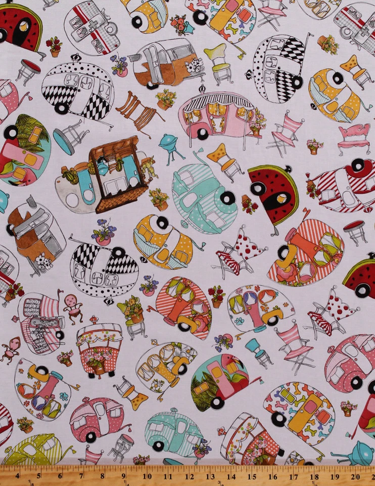 Хлопковые кемперы жилые автофургоны кемпинг винтажный вид белая ткань принт в ярдах D366.07 - Изображение 1 из 1