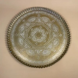 Indian Gold Brass Tray 50cm Large Scalloped Edge Decorative Circle Round Antique - Picture 1 of 8