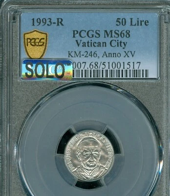 1993 R VATICAN CITY 50 LIRE POPE JOHN PAUL II ANO XV PCGS MS68 MAC SOLO FINEEST - Image 1 of 2