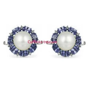 Natural Pearl & Iolite Gemstones with 925 Sterling Silver Cufflinks For Men's #2 - Picture 1 of 3