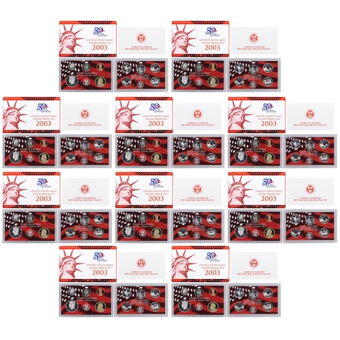 2003 S Proof Set 10 Pack 90% Silver Original Boxes & COA's US Mint 100 Coin Lot Cover