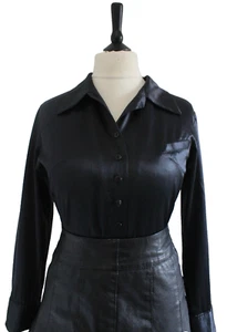 Vintage 1990s Black Shirt Satin Look WESTERN Retro Gothic Long Sleeve Blouse 12 - Picture 1 of 5