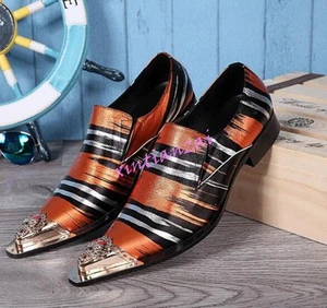 Men Pointy Metal Toe Leather Dress Clubwear Shoes Stripe British Loafers Plus Sz - Picture 1 of 13
