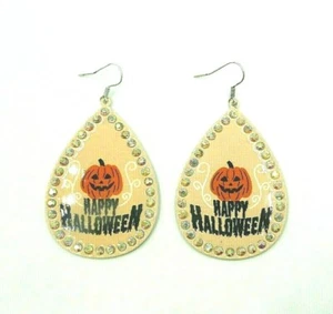 HAPPY HALLOWEEN TEARDROP DANGLE EARRINGS  AB CRYSTAL RHINESTONES  PUMPKIN - Picture 1 of 6